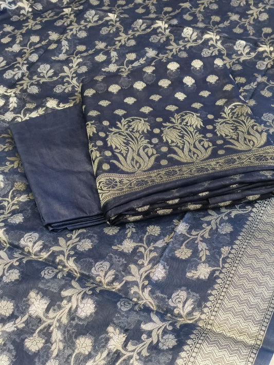 Navy Blue Cotton Dyable Alfi Zari Booti Banarasi Suit with Floral Zari Jaal Banarasi Suit 13SHL_DAS10