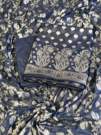 Navy Blue Cotton Dyable Alfi Zari Booti Banarasi Suit with Floral Zari Jaal Banarasi Suit 13SHL_DAS10
