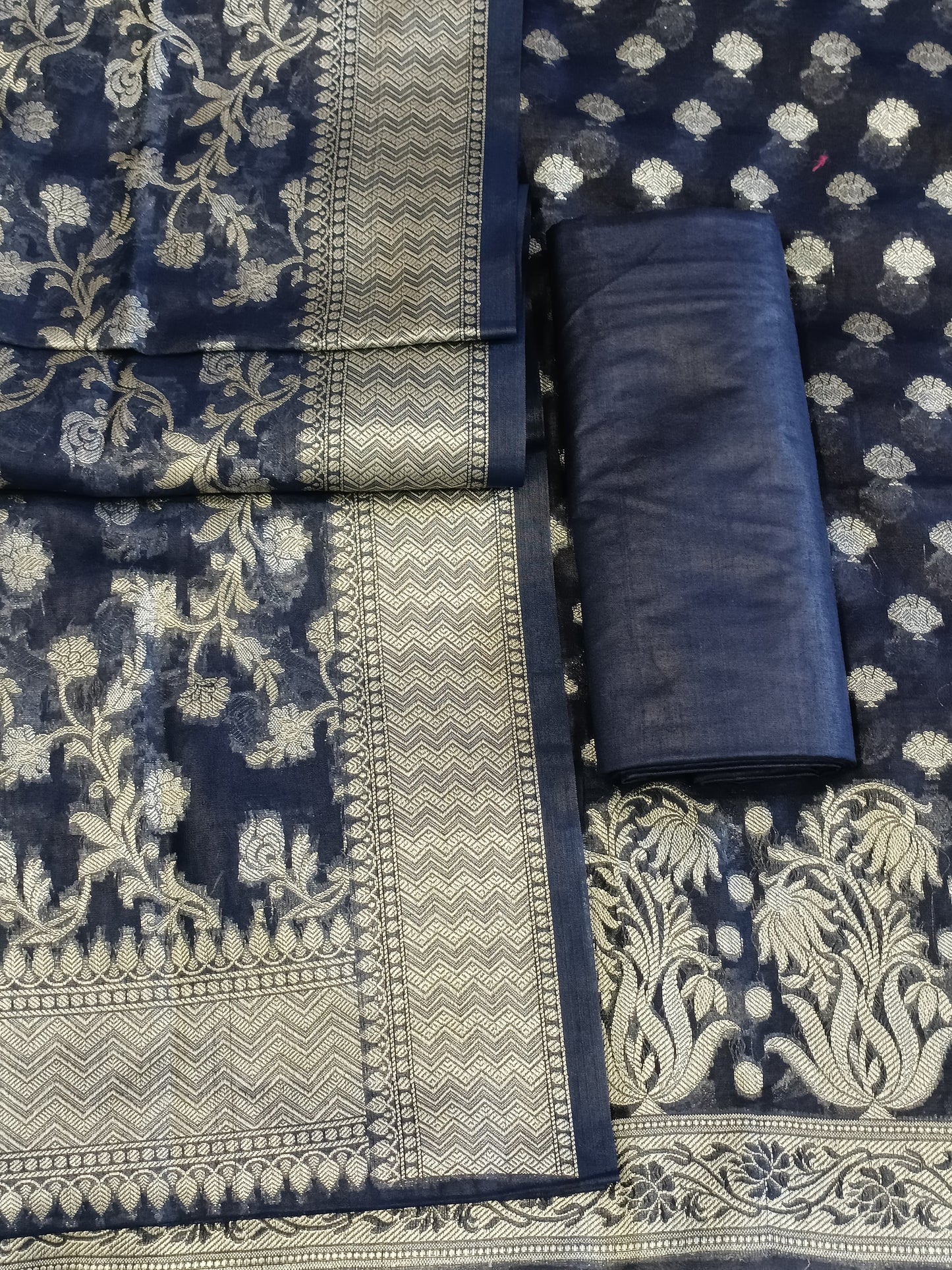 Navy Blue Cotton Dyable Alfi Zari Booti Banarasi Suit with Floral Zari Jaal Banarasi Suit 13SHL_DAS10