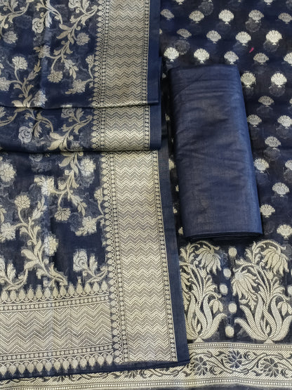 Navy Blue Cotton Dyable Alfi Zari Booti Banarasi Suit with Floral Zari Jaal Banarasi Suit 13SHL_DAS10