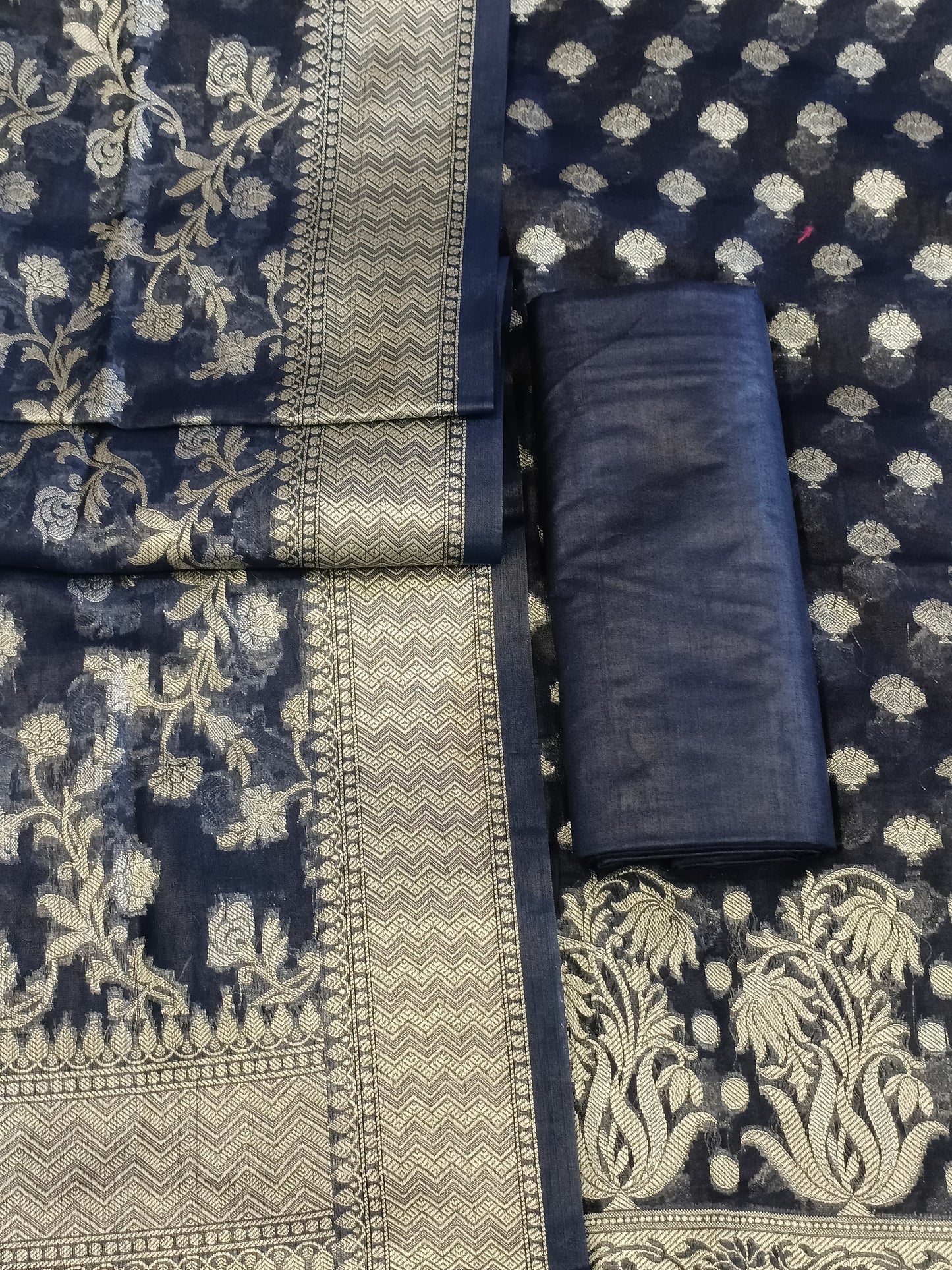 Navy Blue Cotton Dyable Alfi Zari Booti Banarasi Suit with Floral Zari Jaal Banarasi Suit 13SHL_DAS10