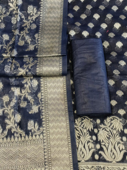 Navy Blue Cotton Dyable Alfi Zari Booti Banarasi Suit with Floral Zari Jaal Banarasi Suit 13SHL_DAS10