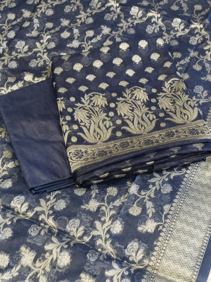 Navy Blue Cotton Dyable Alfi Zari Booti Banarasi Suit with Floral Zari Jaal Banarasi Suit 13SHL_DAS10