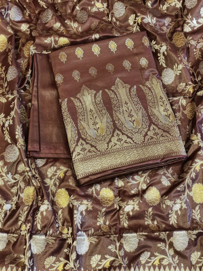 Brown Cotton Dyable Alfi Zari Booti Banarasi Suit with Floral Zari Jaal Banarasi Suit 13SHL_DAS1