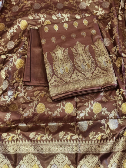 Brown Cotton Dyable Alfi Zari Booti Banarasi Suit with Floral Zari Jaal Banarasi Suit 13SHL_DAS1