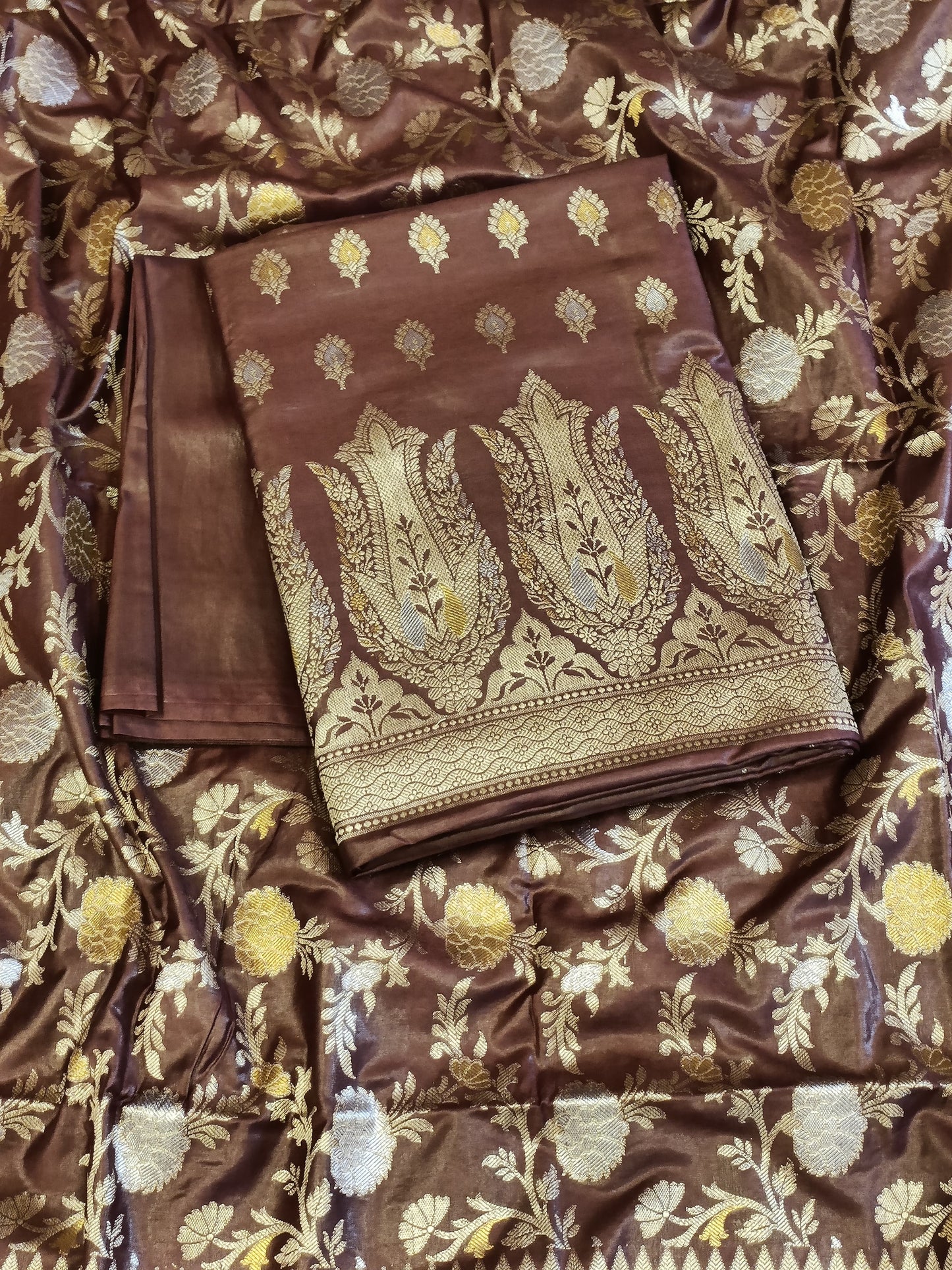 Brown Cotton Dyable Alfi Zari Booti Banarasi Suit with Floral Zari Jaal Banarasi Suit 13SHL_DAS1