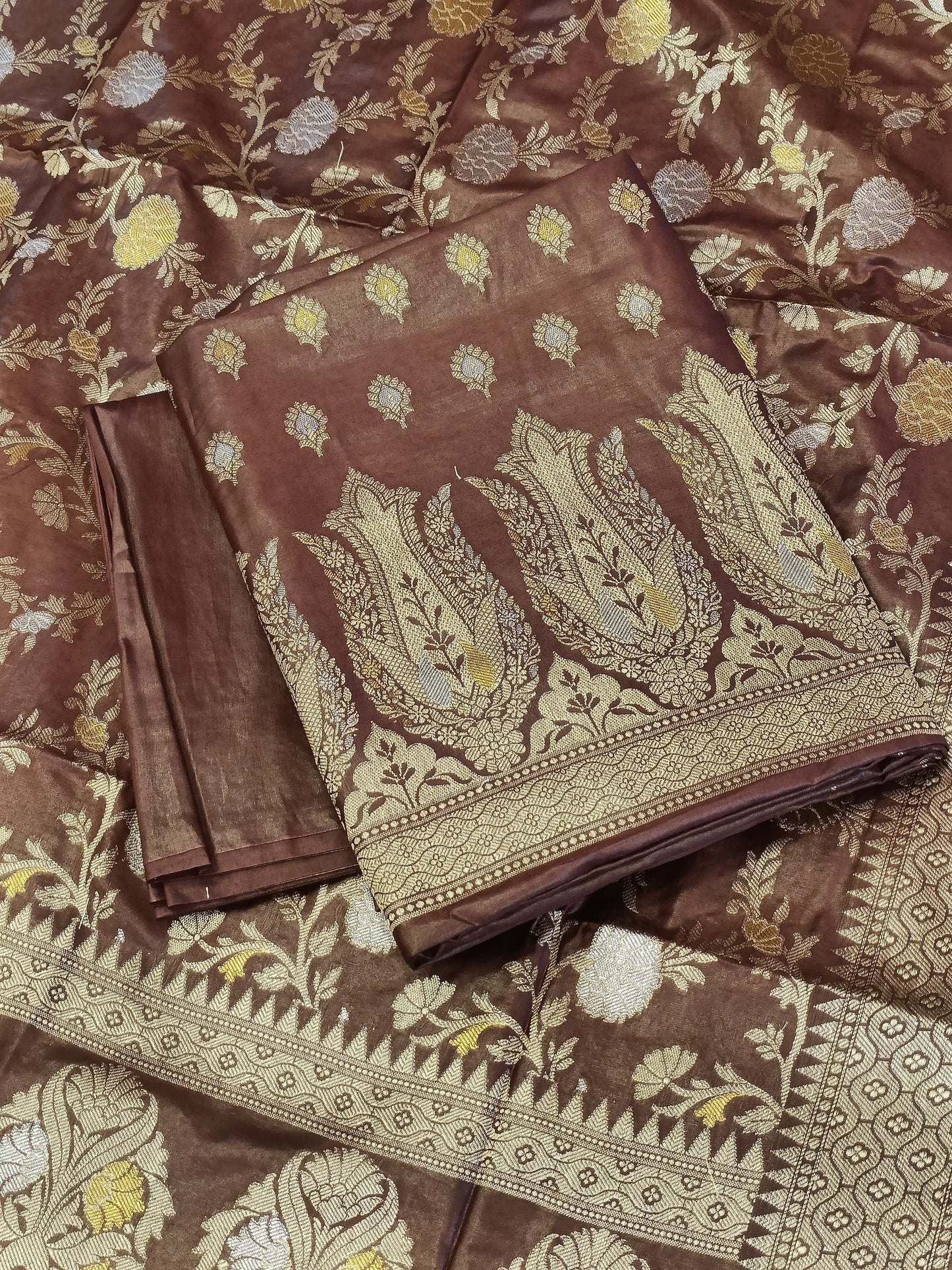 Brown Cotton Dyable Alfi Zari Booti Banarasi Suit with Floral Zari Jaal Banarasi Suit 13SHL_DAS1