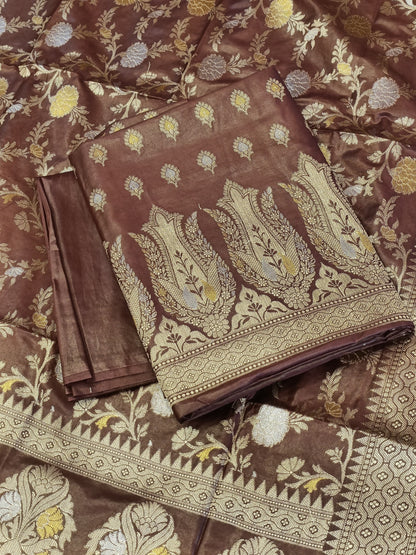Brown Cotton Dyable Alfi Zari Booti Banarasi Suit with Floral Zari Jaal Banarasi Suit 13SHL_DAS1