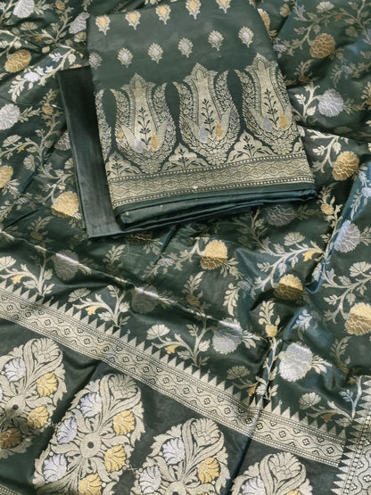 Darkgreen Cotton Dyable Alfi Zari Booti Banarasi Suit with Floral Zari Jaal Banarasi Suit 13SHL_DAS2
