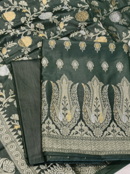 Darkgreen Cotton Dyable Alfi Zari Booti Banarasi Suit with Floral Zari Jaal Banarasi Suit 13SHL_DAS2