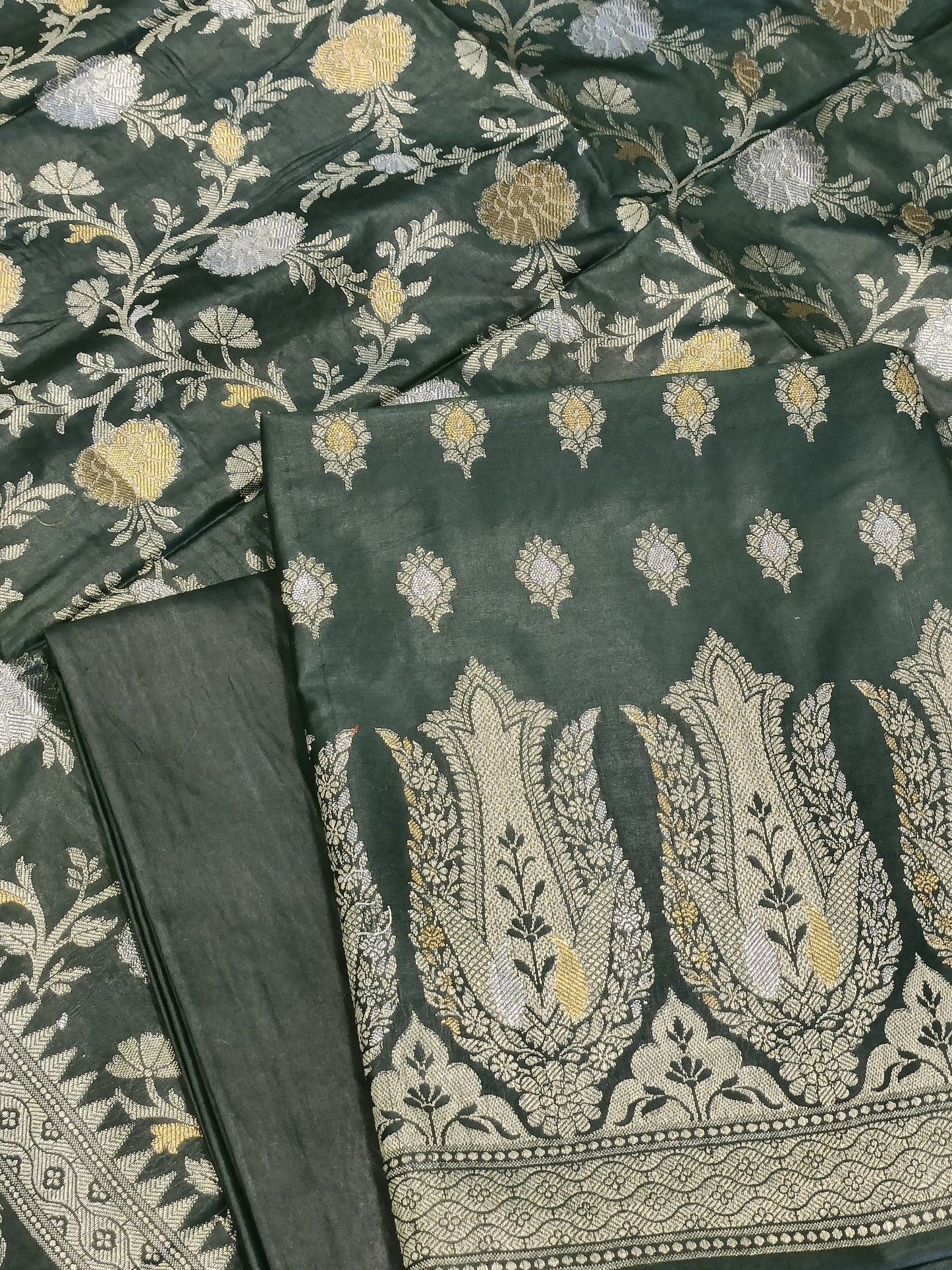 Darkgreen Cotton Dyable Alfi Zari Booti Banarasi Suit with Floral Zari Jaal Banarasi Suit 13SHL_DAS2