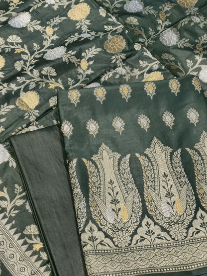 Darkgreen Cotton Dyable Alfi Zari Booti Banarasi Suit with Floral Zari Jaal Banarasi Suit 13SHL_DAS2