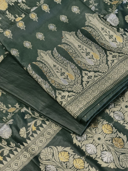 Darkgreen Cotton Dyable Alfi Zari Booti Banarasi Suit with Floral Zari Jaal Banarasi Suit 13SHL_DAS2