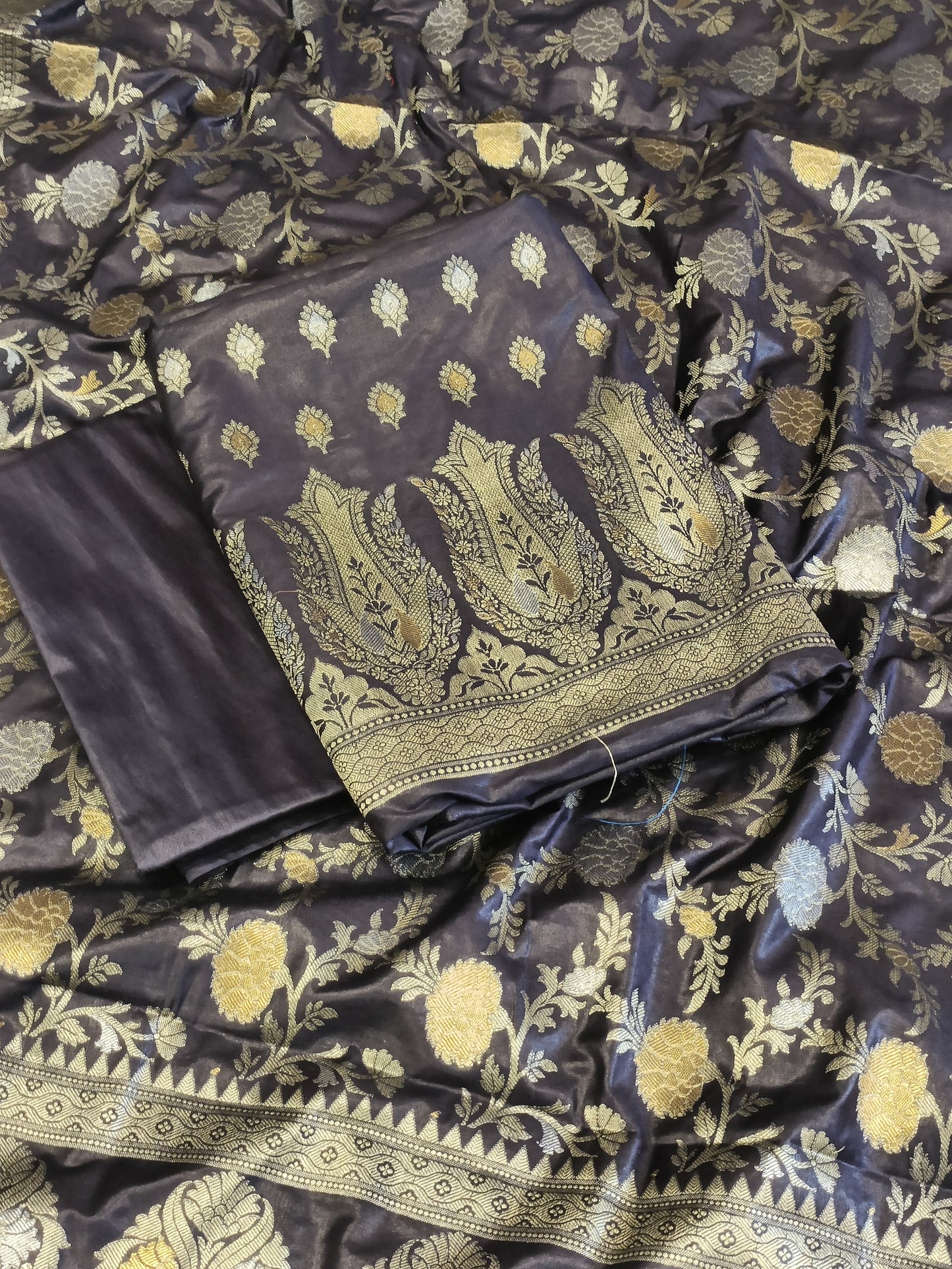 Navy Blue Cotton Dyable Alfi Zari Booti Banarasi Suit with Floral Zari Jaal Banarasi Suit 13SHL_DAS5