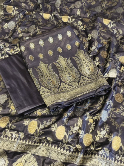Navy Blue Cotton Dyable Alfi Zari Booti Banarasi Suit with Floral Zari Jaal Banarasi Suit 13SHL_DAS5