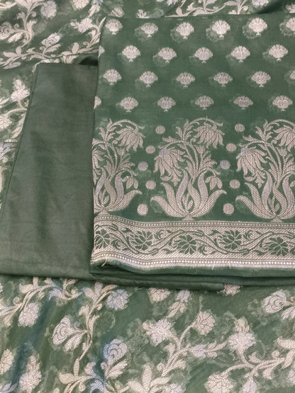 Darkgreen Cotton Dyable Alfi Zari Booti Banarasi Suit with Floral Zari Jaal Banarasi Suit 13SHL_DAS7