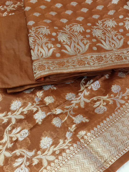 Brown Cotton Dyable Alfi Zari Booti Banarasi Suit with Floral Zari Jaal Banarasi Suit 13SHL_DAS8