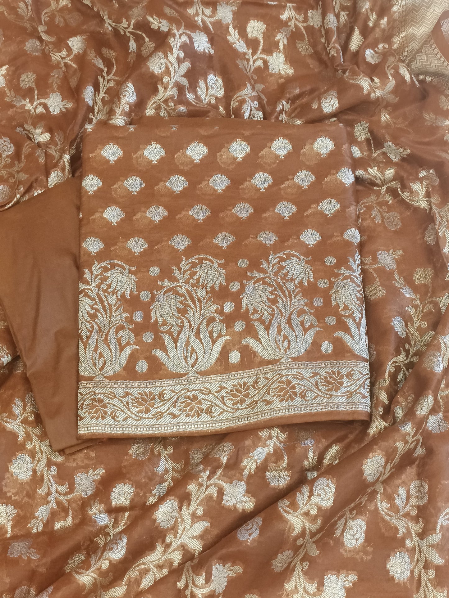 Brown Cotton Dyable Alfi Zari Booti Banarasi Suit with Floral Zari Jaal Banarasi Suit 13SHL_DAS8