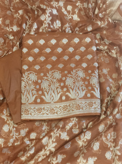 Brown Cotton Dyable Alfi Zari Booti Banarasi Suit with Floral Zari Jaal Banarasi Suit 13SHL_DAS8