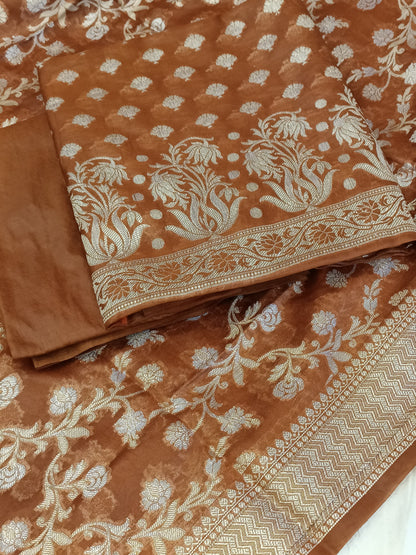 Brown Cotton Dyable Alfi Zari Booti Banarasi Suit with Floral Zari Jaal Banarasi Suit 13SHL_DAS8