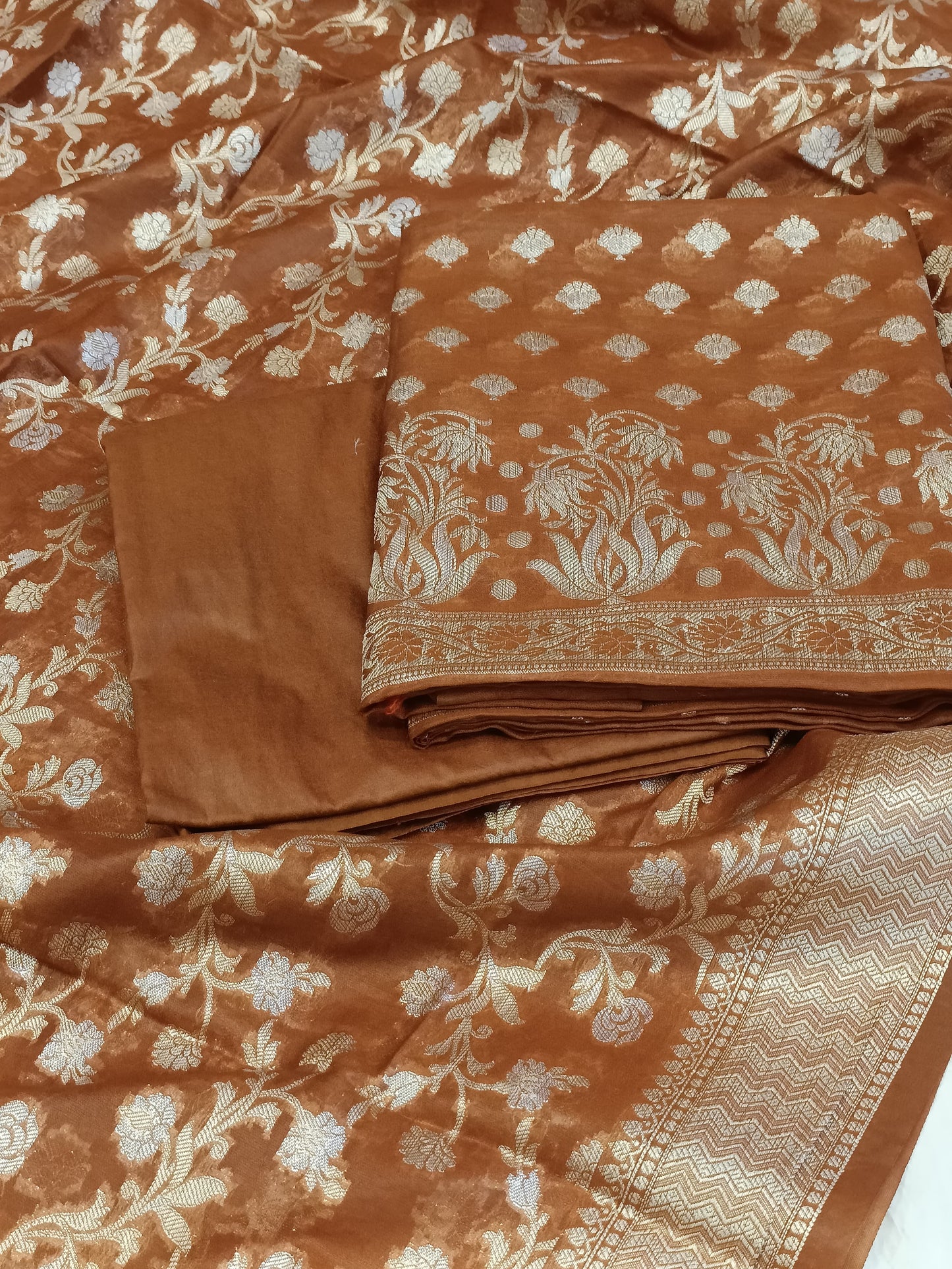 Brown Cotton Dyable Alfi Zari Booti Banarasi Suit with Floral Zari Jaal Banarasi Suit 13SHL_DAS8