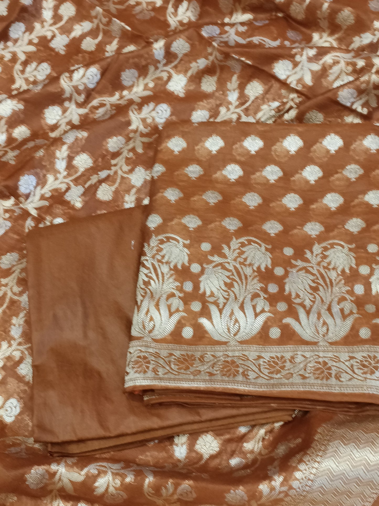 Brown Cotton Dyable Alfi Zari Booti Banarasi Suit with Floral Zari Jaal Banarasi Suit 13SHL_DAS8