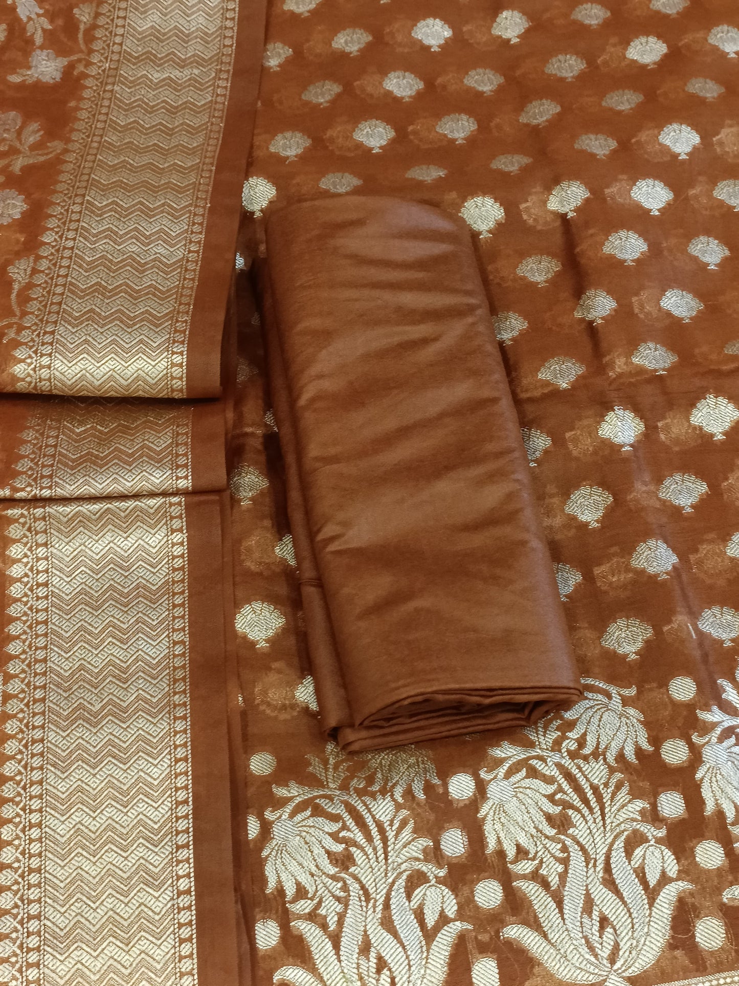 Brown Cotton Dyable Alfi Zari Booti Banarasi Suit with Floral Zari Jaal Banarasi Suit 13SHL_DAS8