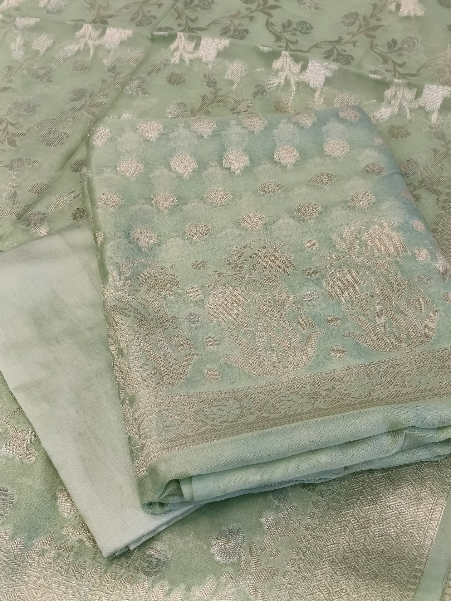 Pista Green Cotton Dyable Alfi Zari Booti Banarasi Suit with Floral Zari Jaal Banarasi Suit 13SHL_DAS9