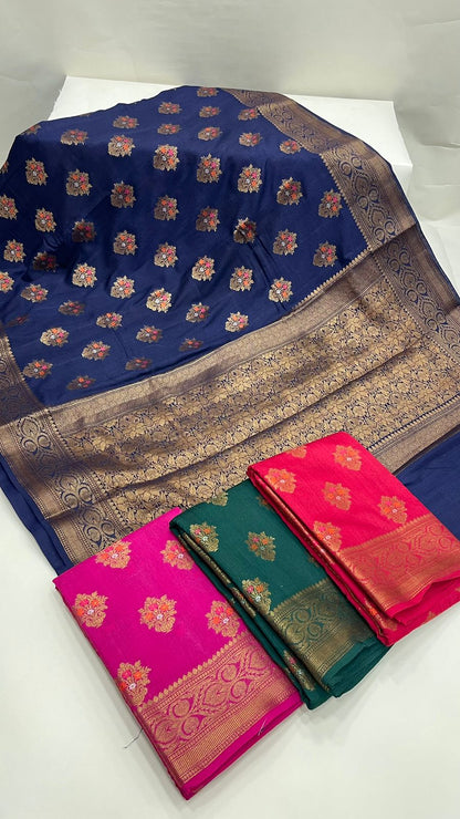 Royal Elegance: Faishana Pure Silk Handloom Navy Blue Munga Silk Minakari Zari Boota Banarasi Saree Small Zari Border with Blue Blouse