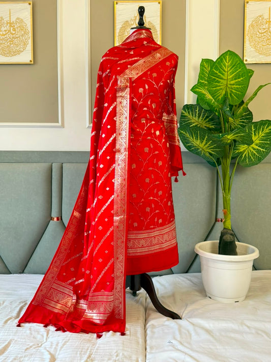 Red Mango Silk Zari Jaal Daman Weaved Banarasi Suit With Aada Stripe Dupatta 140PNJ_MS1