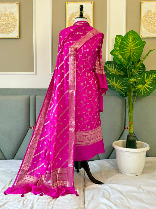 Magenta Mango Silk Zari Jaal Daman Weaved Banarasi Suit With Aada Stripe Dupatta 140PNJ_MS4