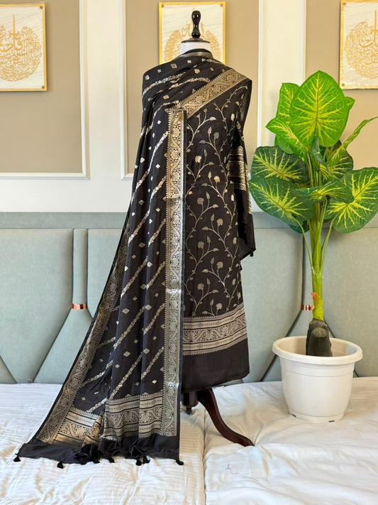 Black Mango Silk Zari Jaal Daman Weaved Banarasi Suit With Aada Stripe Dupatta 140PNJ_MS5