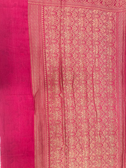 Faishana Pure Silk Handloom Pink Katan Georgette Digital Printed Zari Floral Jaal Kadhwa Banarasi Border with Pink Blouse.