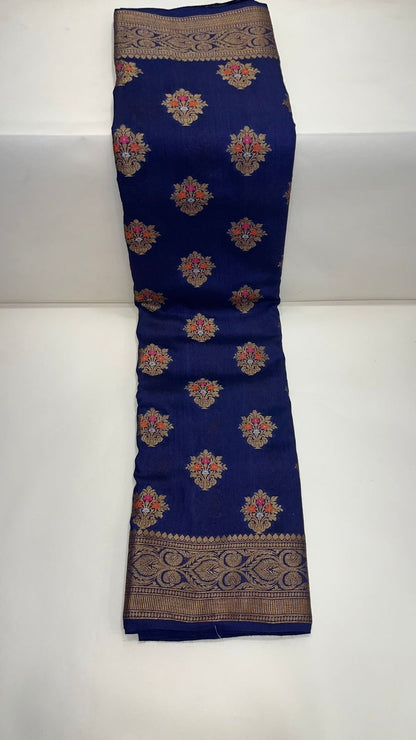 Royal Elegance: Faishana Pure Silk Handloom Navy Blue Munga Silk Minakari Zari Boota Banarasi Saree Small Zari Border with Blue Blouse