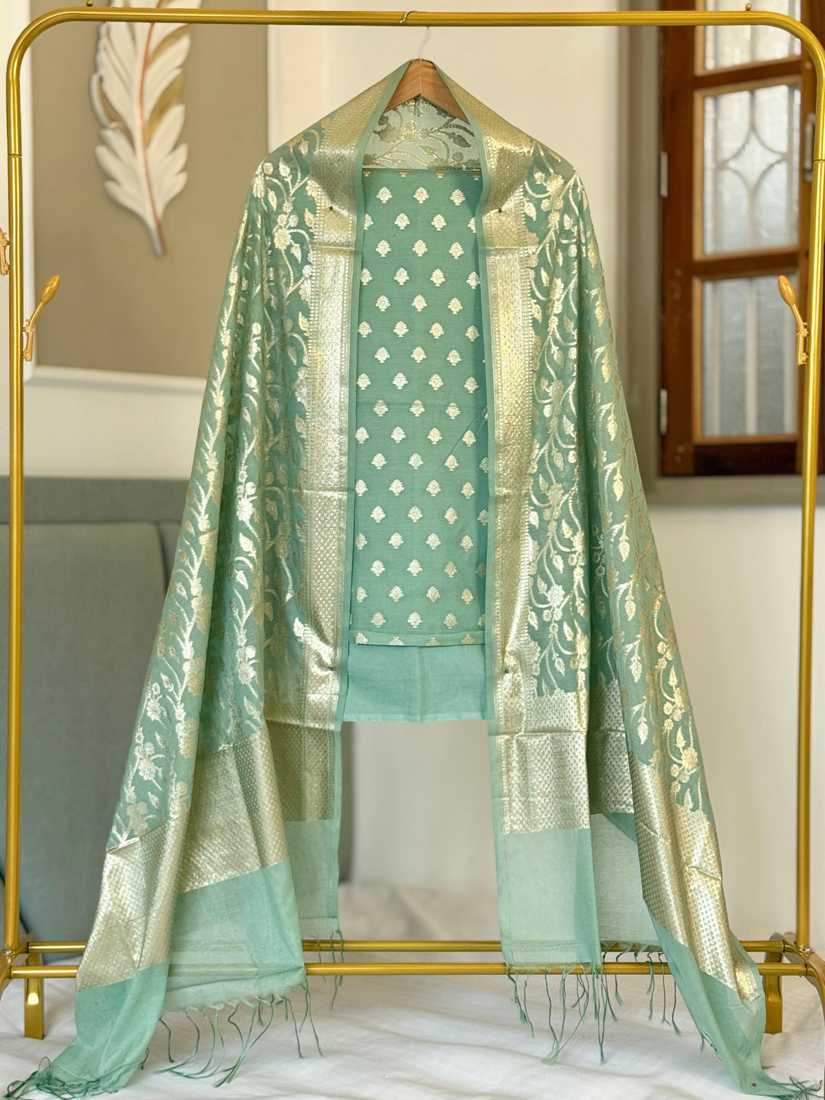 Seagreen Mal Chanderi Lorex Zari Booti Banarasi Suit With Chanderi Weave Dupatta 150PNJ_MCL7
