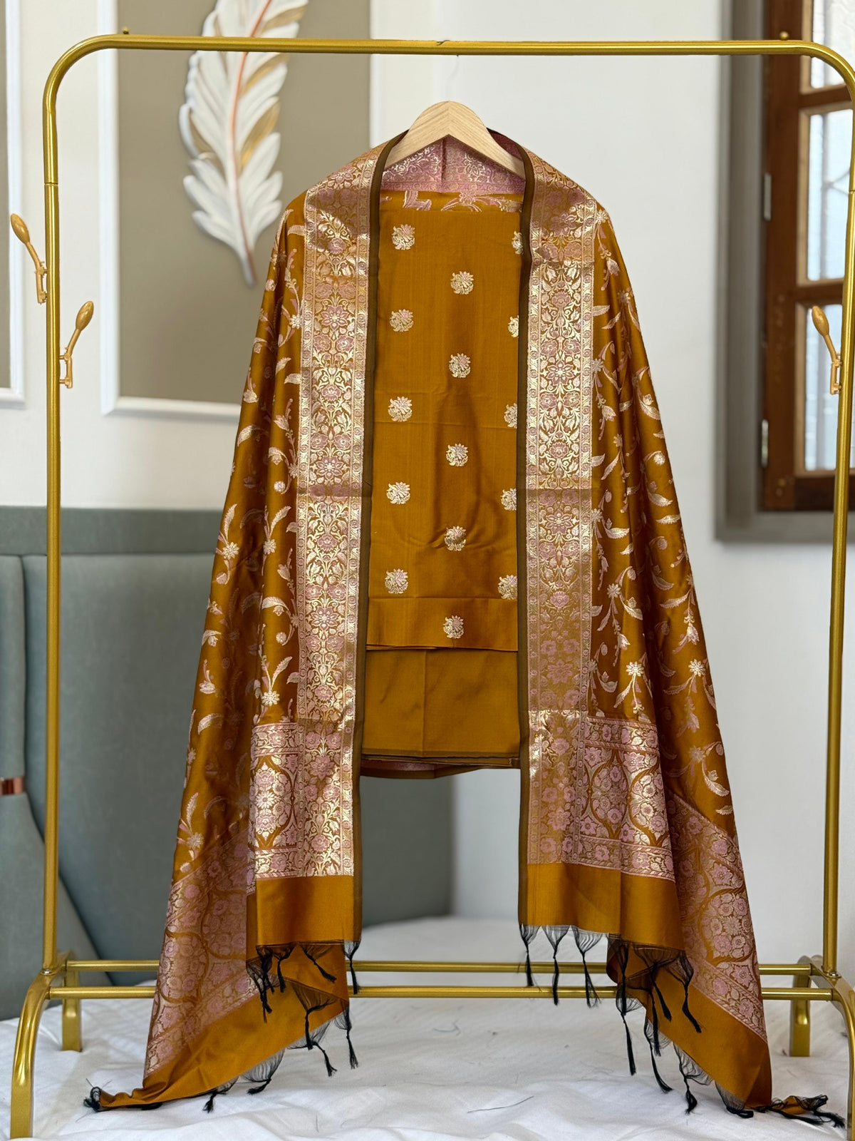 Mustard Katan Silk Alfi Zari Booti Banarasi Suit With Floral Jaal Dupatta 150PNJ_SA5