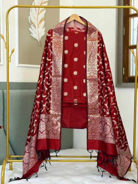 Red Katan Silk Alfi Zari Booti Banarasi Suit With Floral Jaal Dupatta 150PNJ_SA7