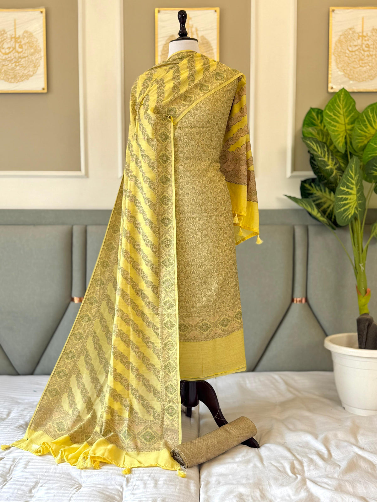 Lemon Yellow Spun Cotton Tanchui Banarasi Suit With Aada Jaal Dupatta 150PNJ_SC3