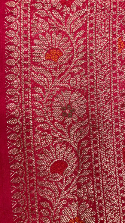 Faishana Pure Silk Handloom Red Munga Silk Zari Mina Booti Minakari Jaal Pallu with Minakari Zari Border Banarasi Saree with Red Blouse piece