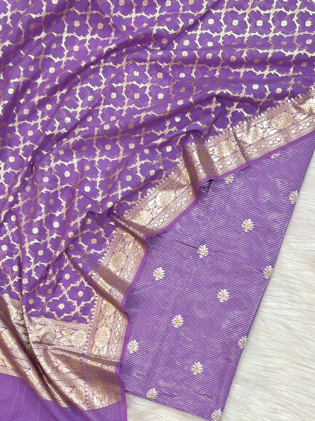 Lavander Chanderi Lorex Stripe Embroidery Booti Banarasi Suit With Alfi Zari Jaal Dupatta 160PNJ_CHL4