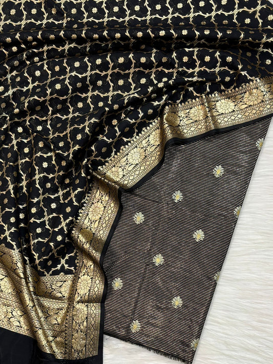 Black Chanderi Lorex Stripe Embroidery Booti Banarasi Suit With Alfi Zari Jaal Dupatta 160PNJ_CHL5