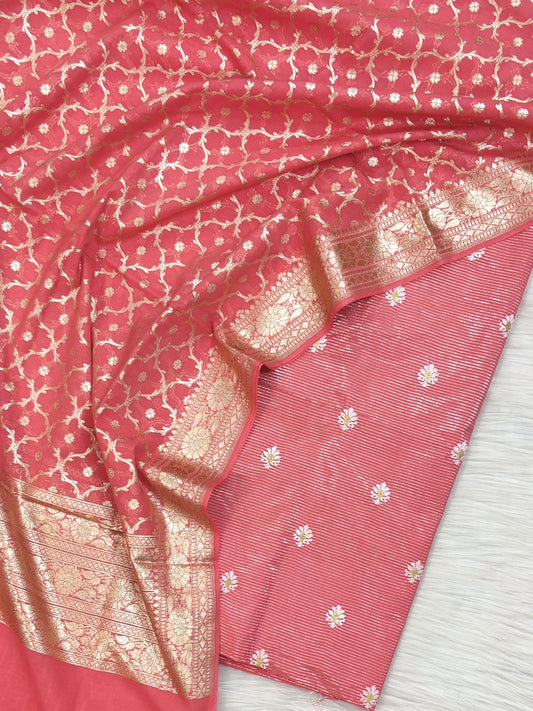 Pink Chanderi Lorex Stripe Embroidery Booti Banarasi Suit With Alfi Zari Jaal Dupatta 160PNJ_CHL6