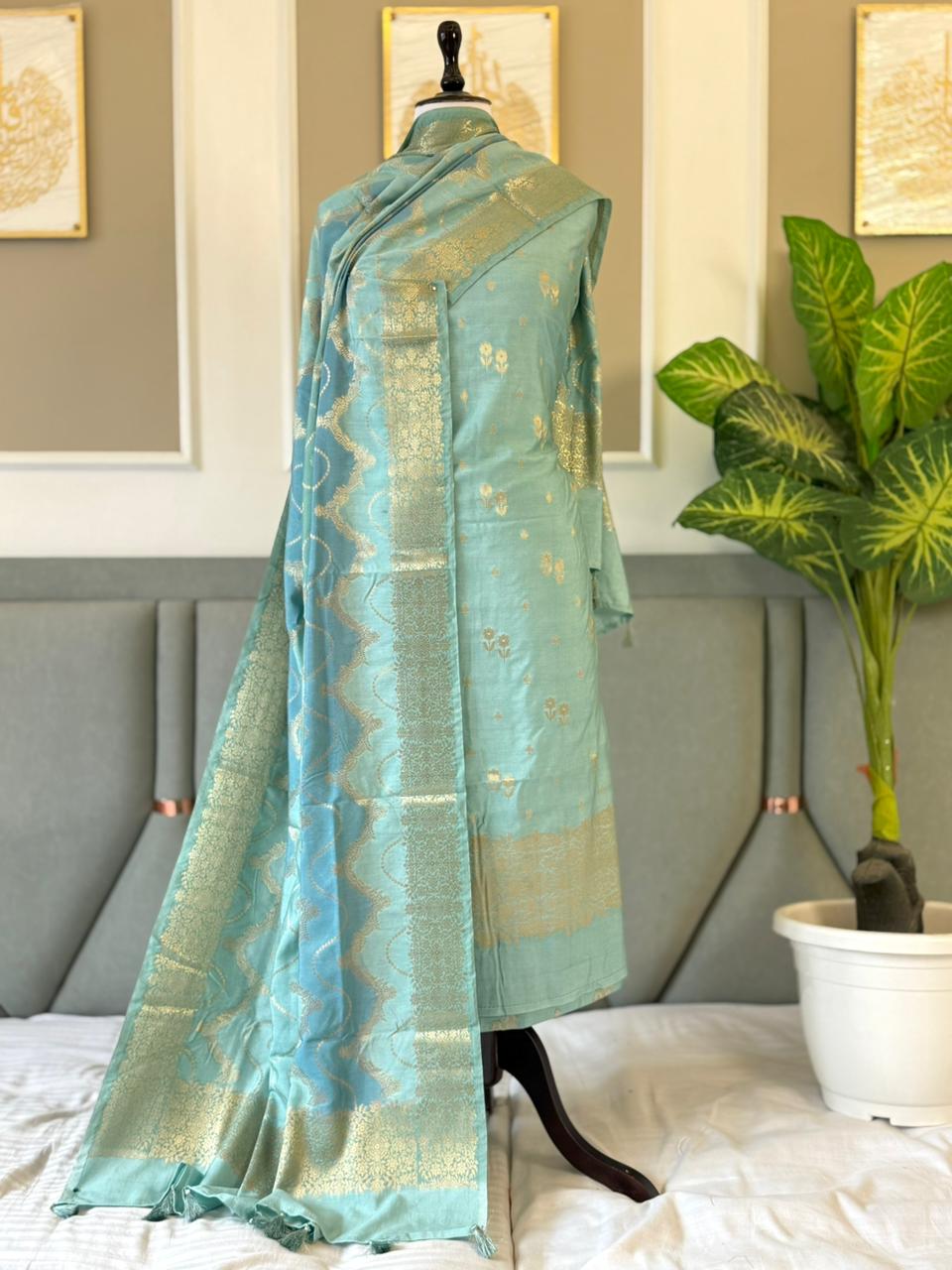 Seagreen Dupion Silk Floral Zari Booti Banarasi Suit with Rangkaat Dupatta 160PNJ_DP1