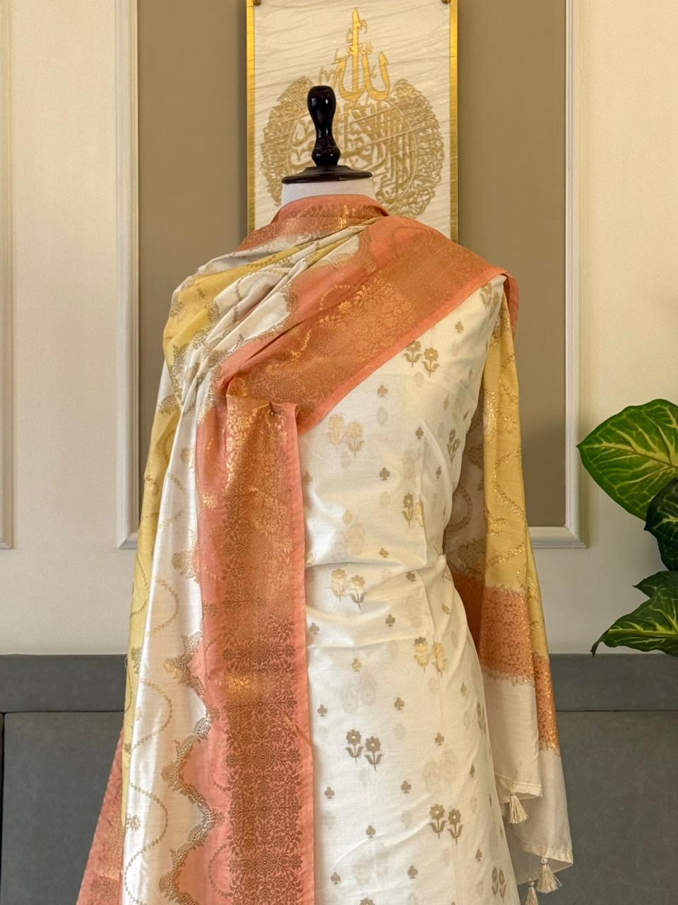 Off white Dupion Silk Floral Zari Booti Banarasi Suit with Rangkaat Dupatta 160PNJ_DP2
