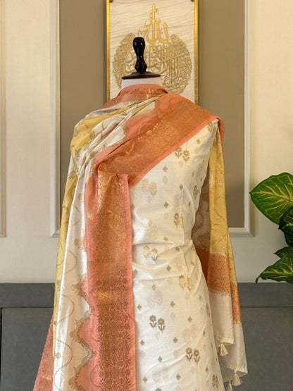Off white Dupion Silk Floral Zari Booti Banarasi Suit with Rangkaat Dupatta 160PNJ_DP2