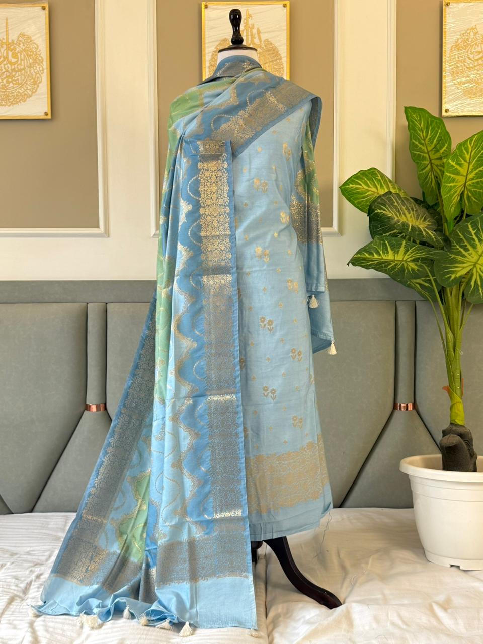 Light Blue Dupion Silk Floral Zari Booti Banarasi Suit with Rangkaat Dupatta 160PNJ_DP3