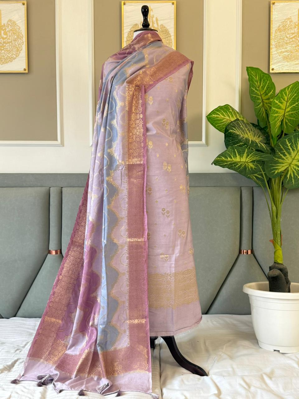 Mauve Dupion Silk Floral Zari Booti Banarasi Suit with Rangkaat Dupatta 160PNJ_DP4