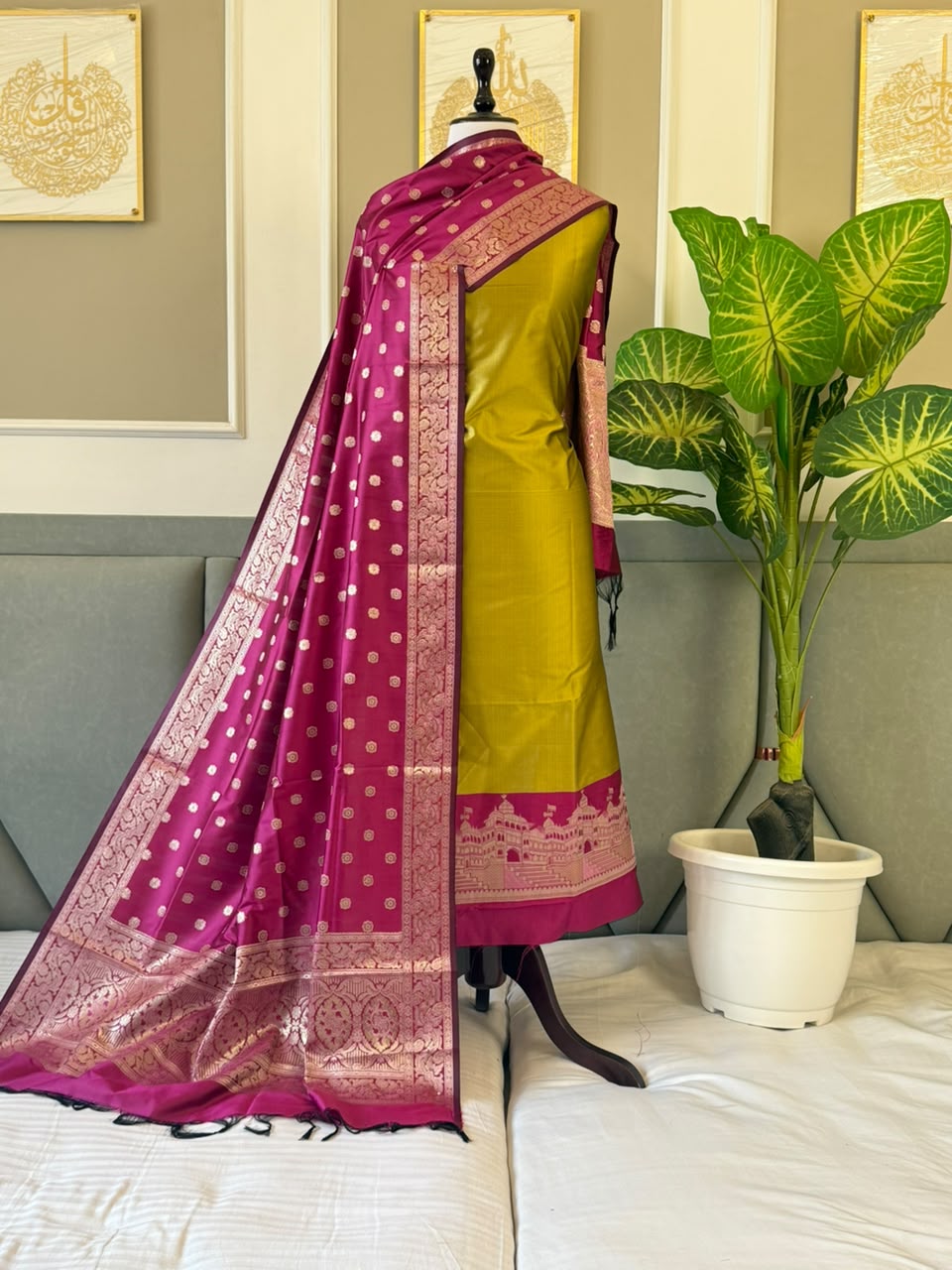 Olive Green Alfi Katan Silk Ghat Daman Banarasi Suit With Contrast Magenta Zari Booti Dupatta 160PNJ_KSG1