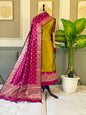 Olive Green Alfi Katan Silk Ghat Daman Banarasi Suit With Contrast Magenta Zari Booti Dupatta 160PNJ_KSG1