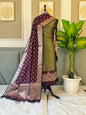 Mehndi Green Alfi Katan Silk Ghat Daman Banarasi Suit With Contrast Wine Zari Booti Dupatta 160PNJ_KSG2